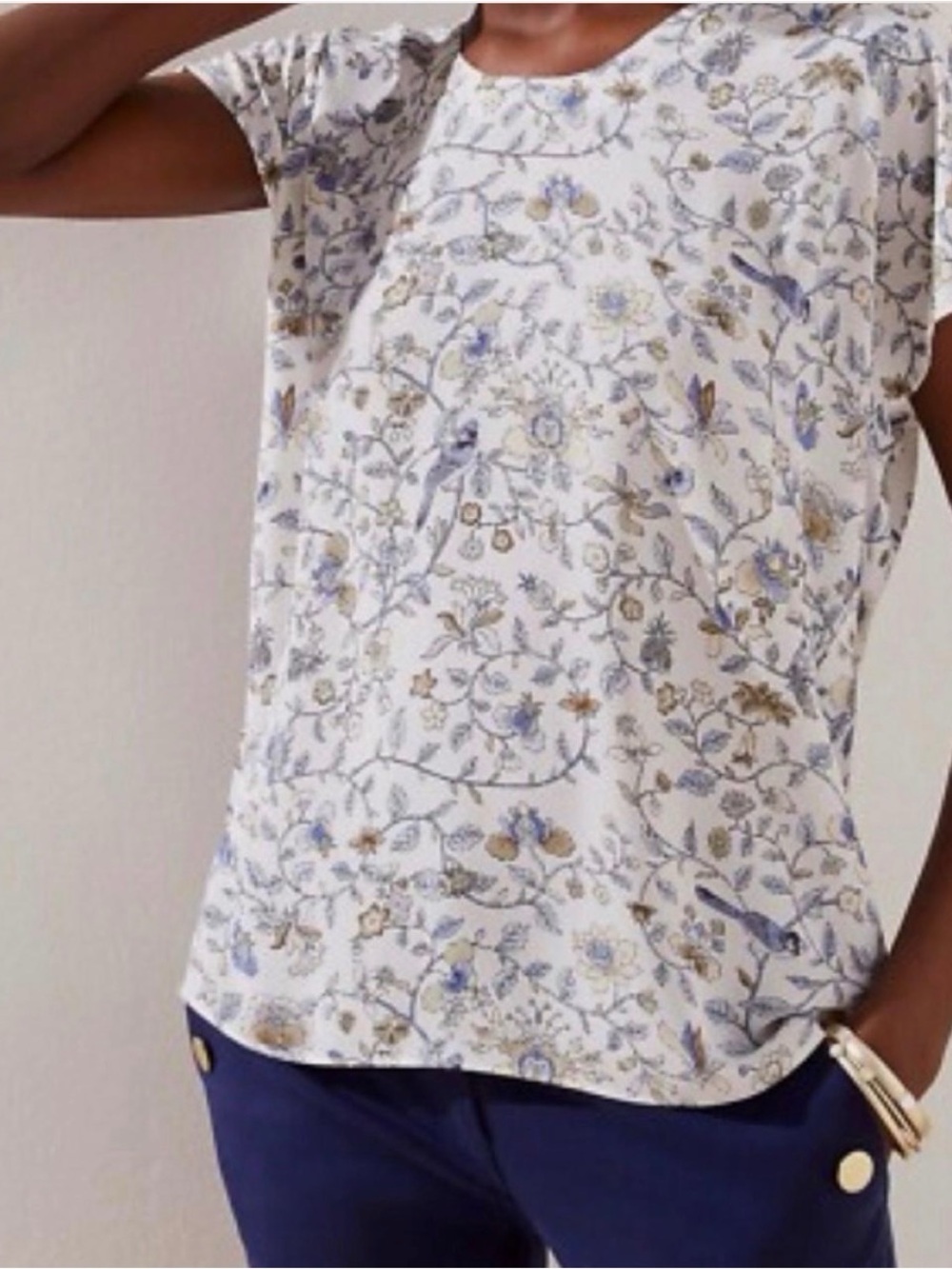 LOFT White Short-Sleeve Tee with Blue and Tan Floral Print